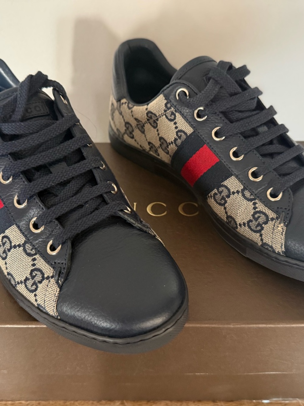 Gucci Black Leather & Beige GG Canvas Sneakers with Red Web Stripe